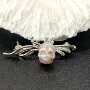 Fancy Corsage Pearl Skull CZ Brooch