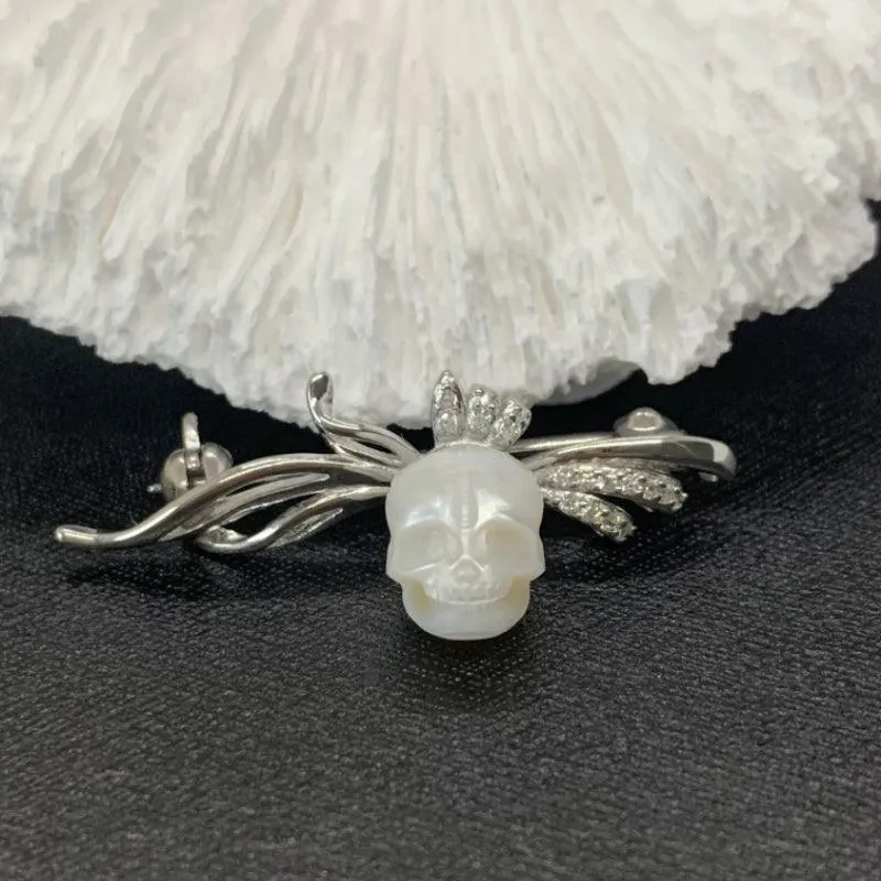 Fancy Corsage Pearl Skull CZ Brooch