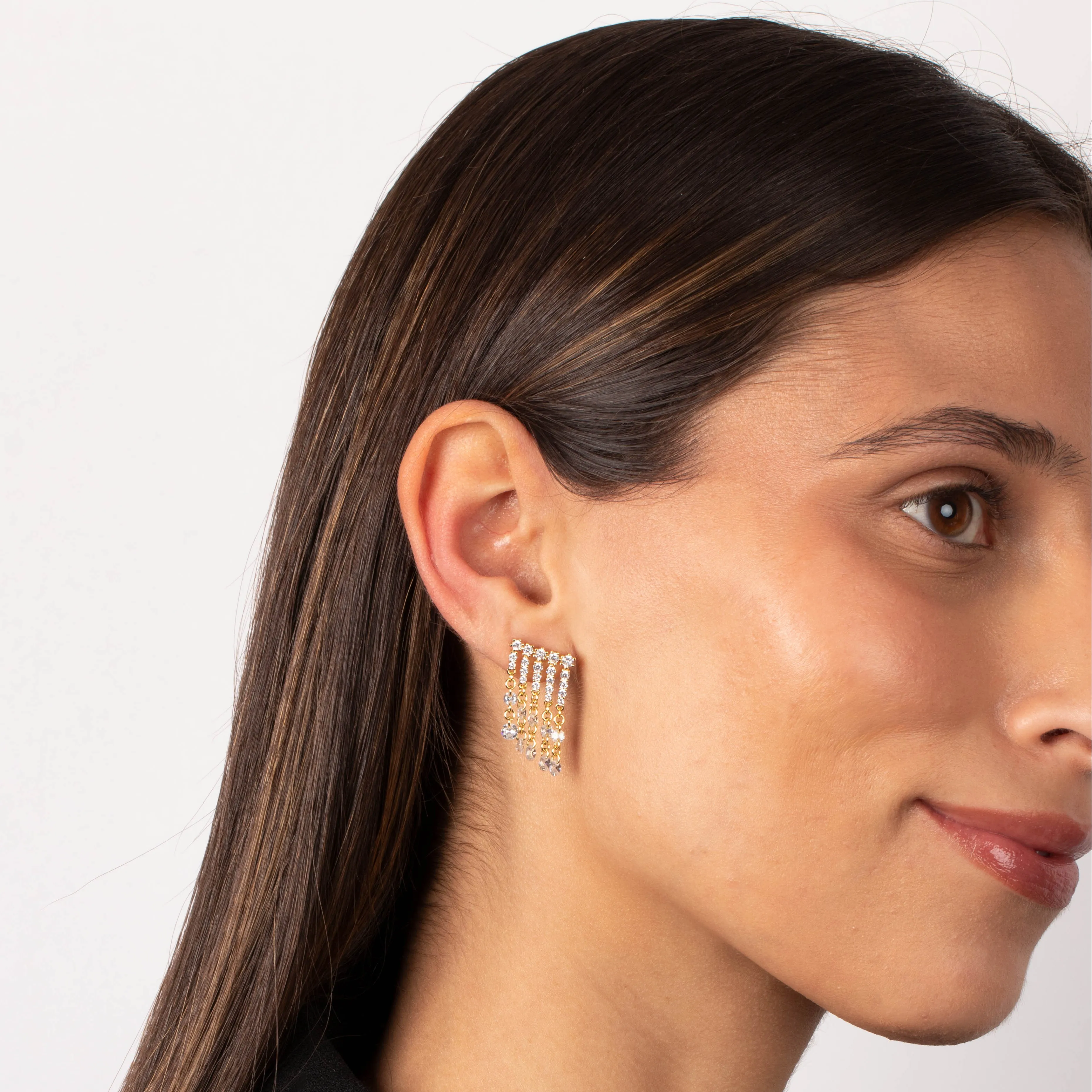 Fancy Pave CZ Five Row Drop Dangle Stud Earring