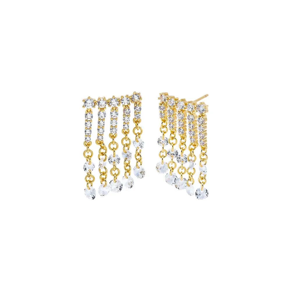 Fancy Pave CZ Five Row Drop Dangle Stud Earring
