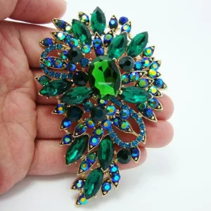 Fashion Flower Art Deco Oval Floral Brooch Pin Green Rhinestone Crystal Pendant