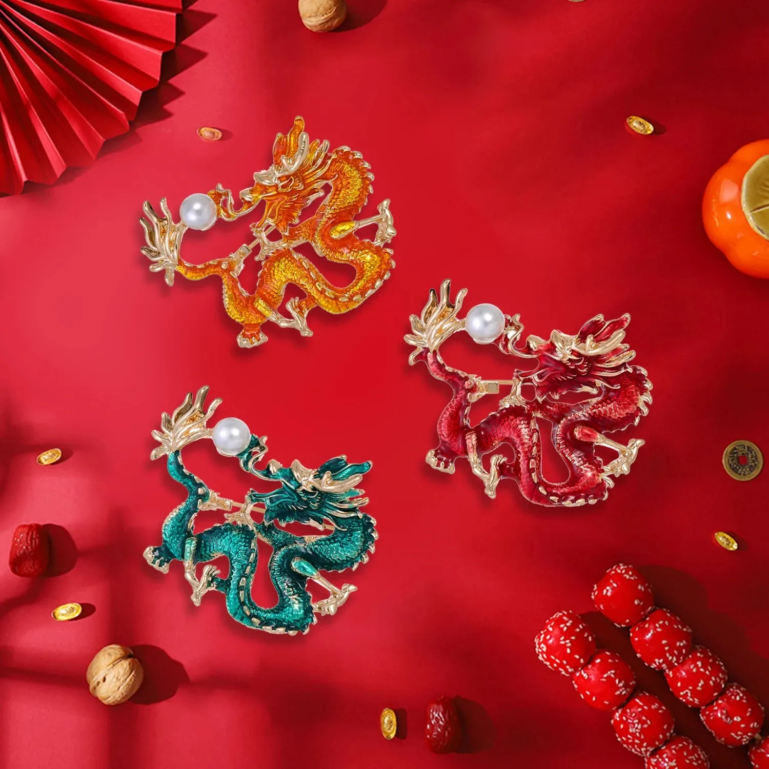 Fashion Vintage Chinese Dragon Brooches Pin For Men Women Flying Dragon Pearl Metal Lapel Pins Clothing Coat Party Accessories