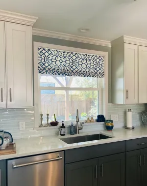 Faux Roman Shade Valance in Modern Blue and White Trellis Print, Fully Lined, Custom Made, Lattice Geometric Kitchen Window Treatment