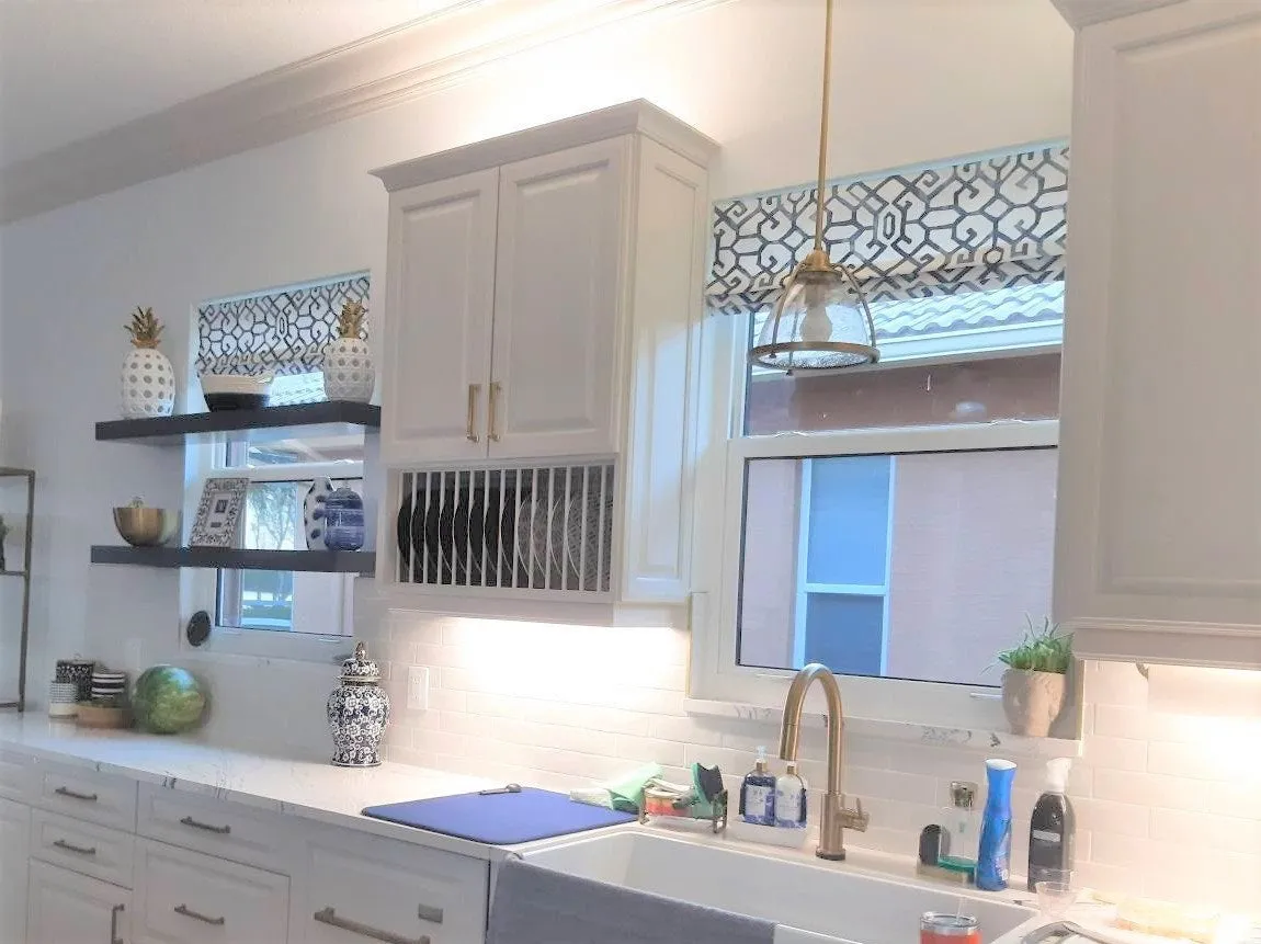 Faux Roman Shade Valance in Modern Blue and White Trellis Print, Fully Lined, Custom Made, Lattice Geometric Kitchen Window Treatment