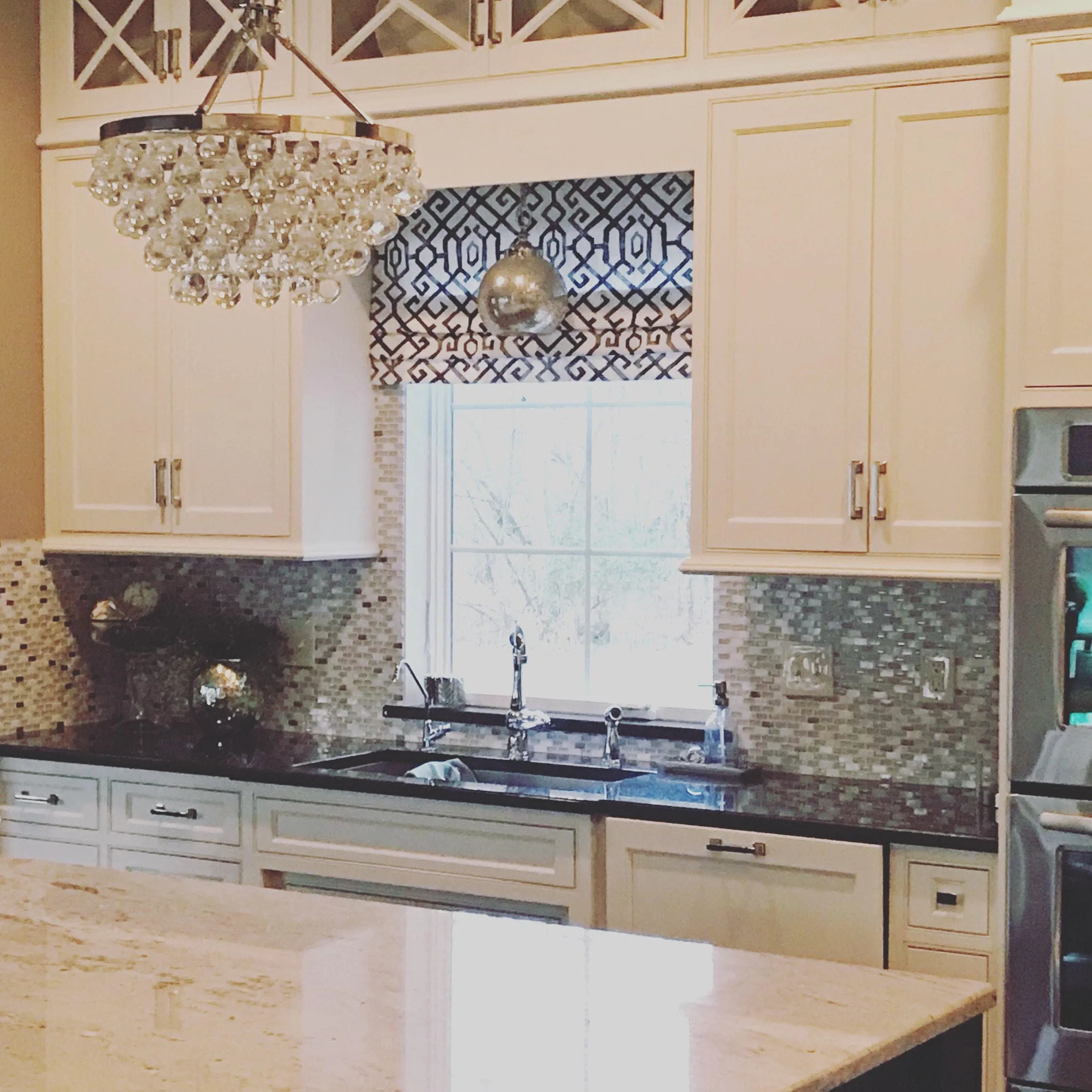 Faux Roman Shade Valance in Modern Blue and White Trellis Print, Fully Lined, Custom Made, Lattice Geometric Kitchen Window Treatment