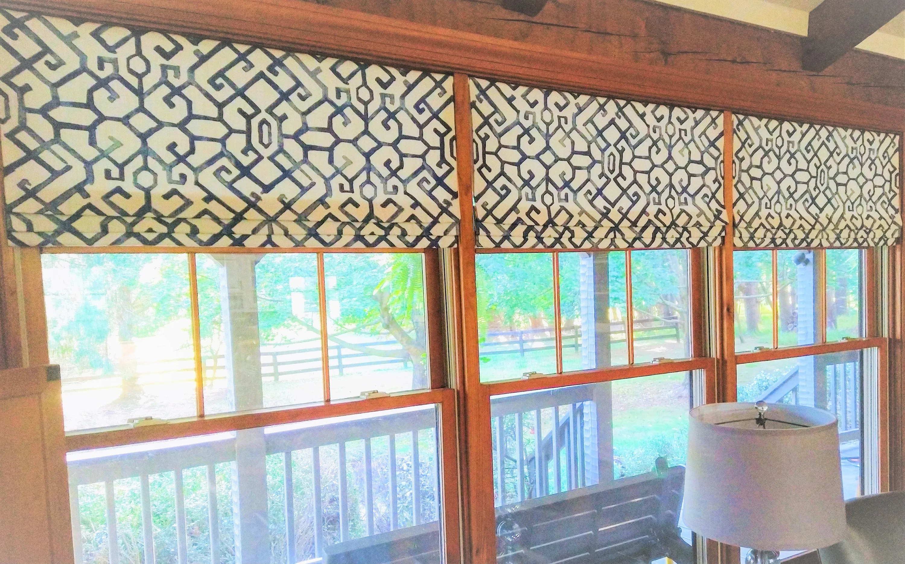 Faux Roman Shade Valance in Modern Blue and White Trellis Print, Fully Lined, Custom Made, Lattice Geometric Kitchen Window Treatment