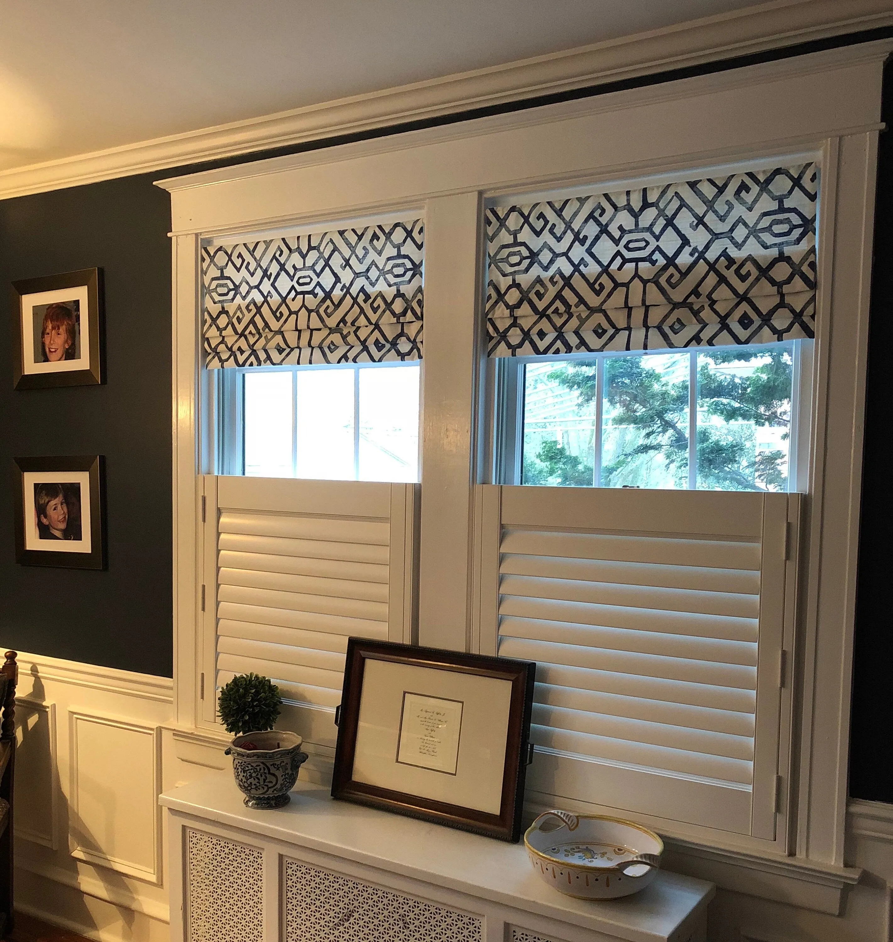 Faux Roman Shade Valance in Modern Blue and White Trellis Print, Fully Lined, Custom Made, Lattice Geometric Kitchen Window Treatment