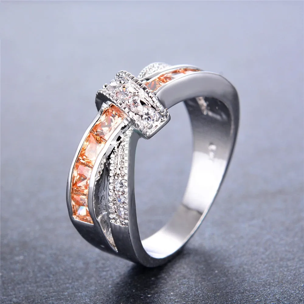 Female Champagne Ring Fashion White Gold Filled Jewelry Vintage Wedding Rings For Women Birthday Stone Gifts