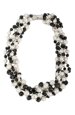 Five-strand jet bead and white pearl necklace