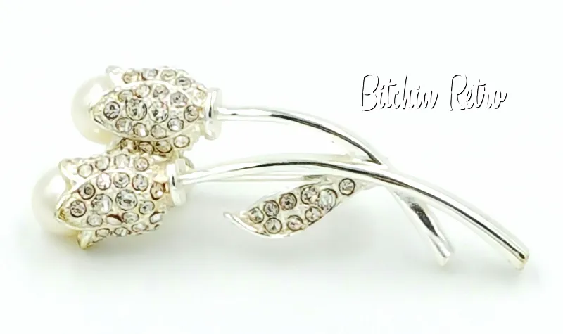 Floral Rhinestone Brooch With Pearl Flower Buds