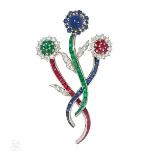 French Mid-Century multigem floral spray brooch