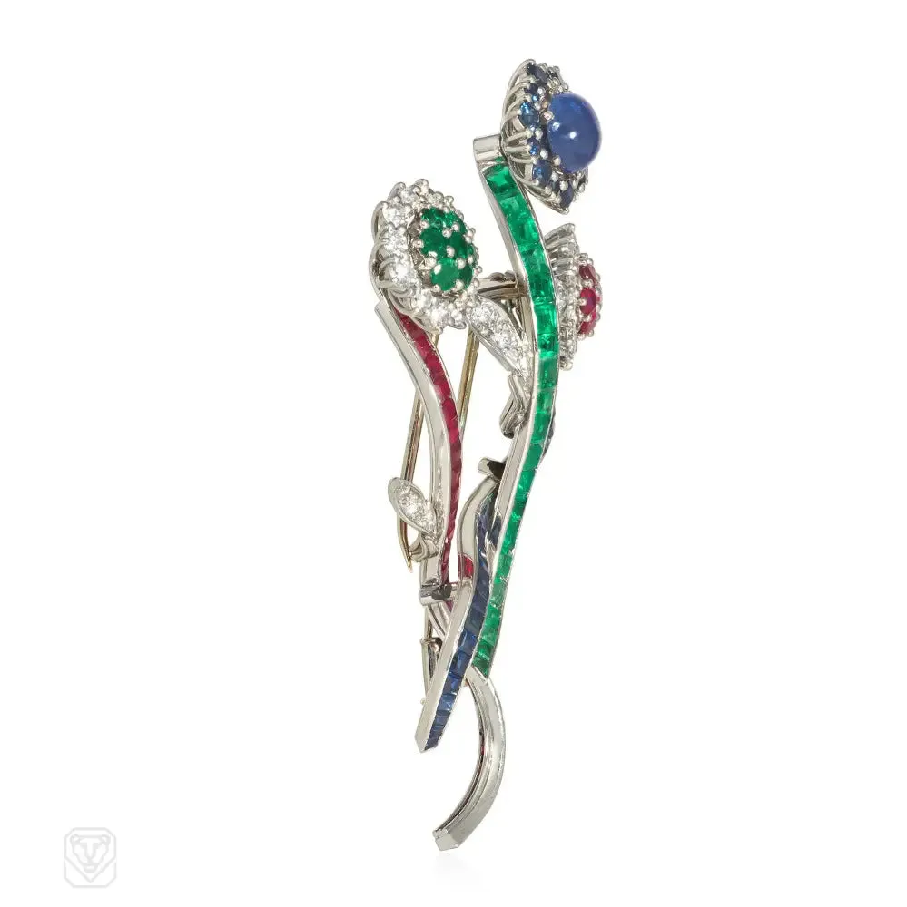 French Mid-Century multigem floral spray brooch