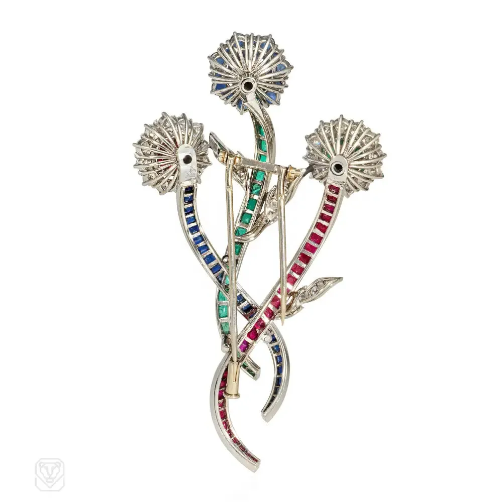 French Mid-Century multigem floral spray brooch