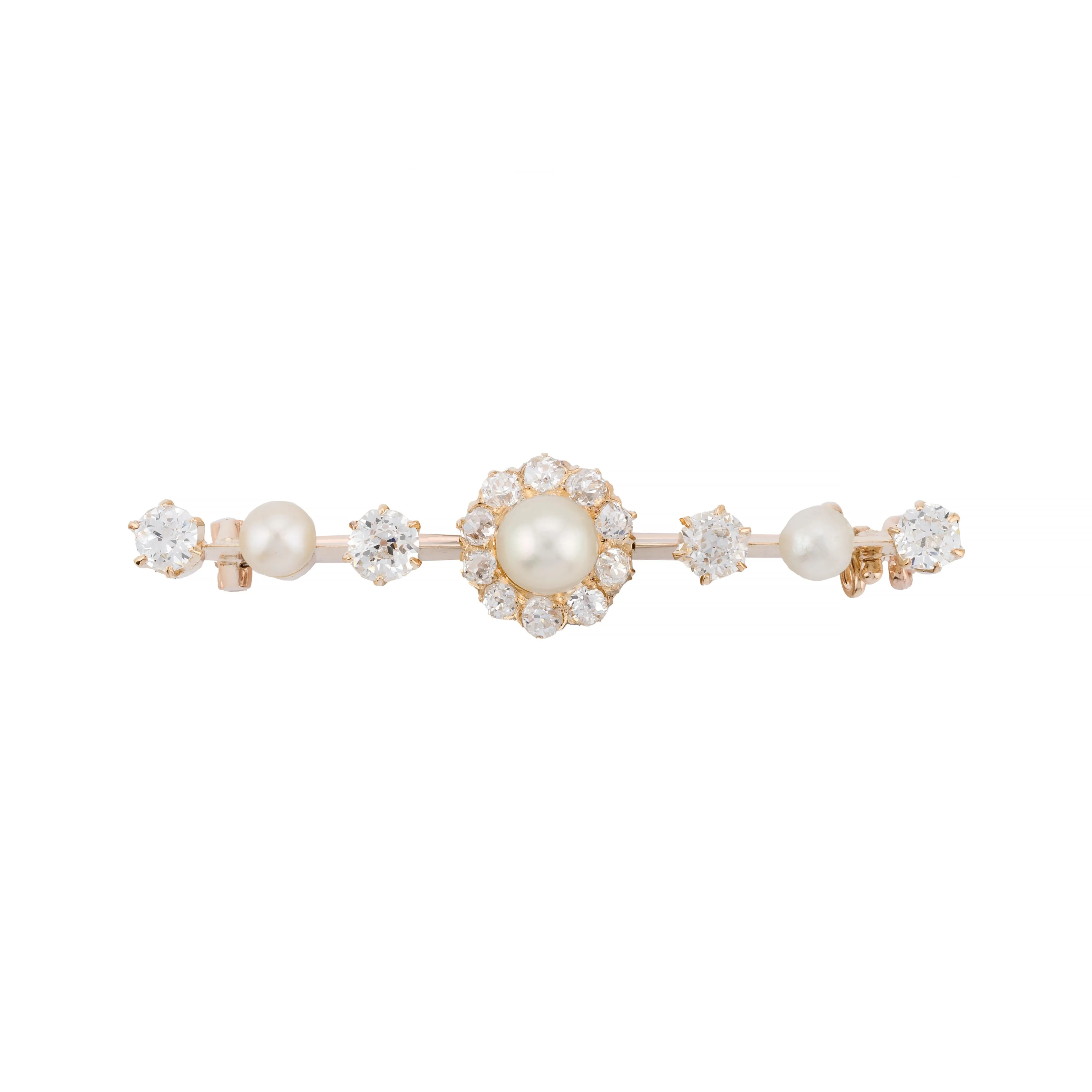 French Natural Pearl & Mine Cut Diamond Victorian Brooch in 18K Yellow Gold