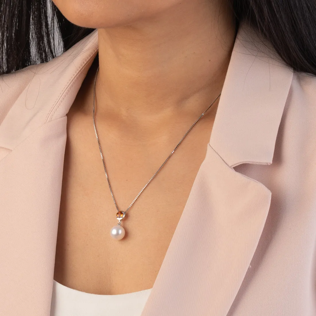 Freshwater Cultured 10mm White Pearl and Citrine Pendant Necklace Sterling Silver
