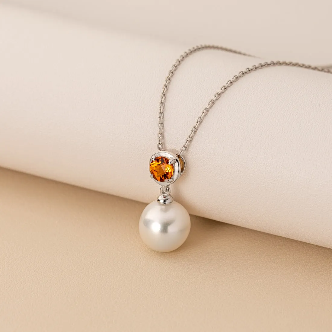 Freshwater Cultured 10mm White Pearl and Citrine Pendant Necklace Sterling Silver