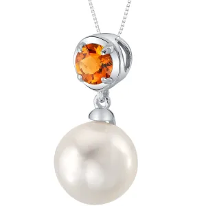 Freshwater Cultured 10mm White Pearl and Citrine Pendant Necklace Sterling Silver