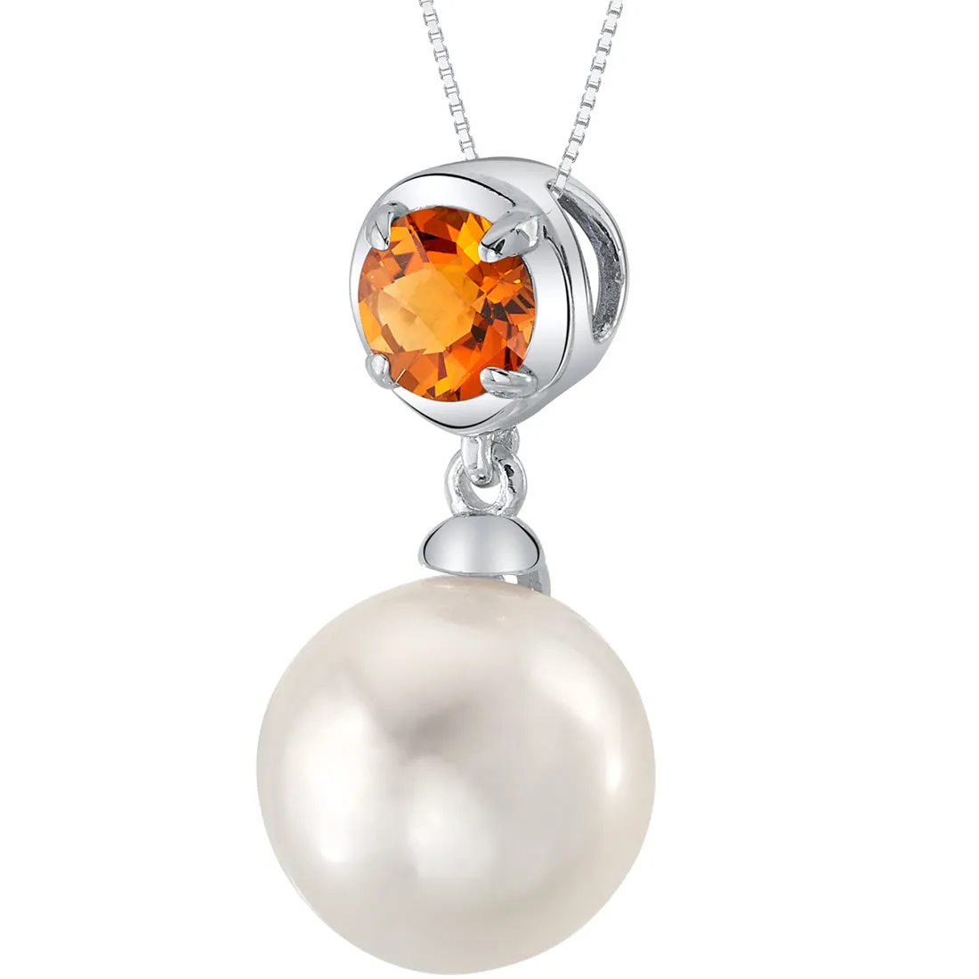 Freshwater Cultured 10mm White Pearl and Citrine Pendant Necklace Sterling Silver