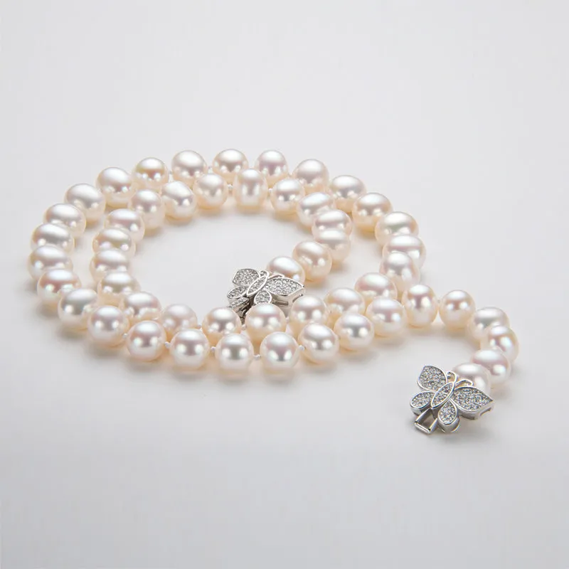 Freshwater Cultured White Pearl Necklace Butterfly Buckle