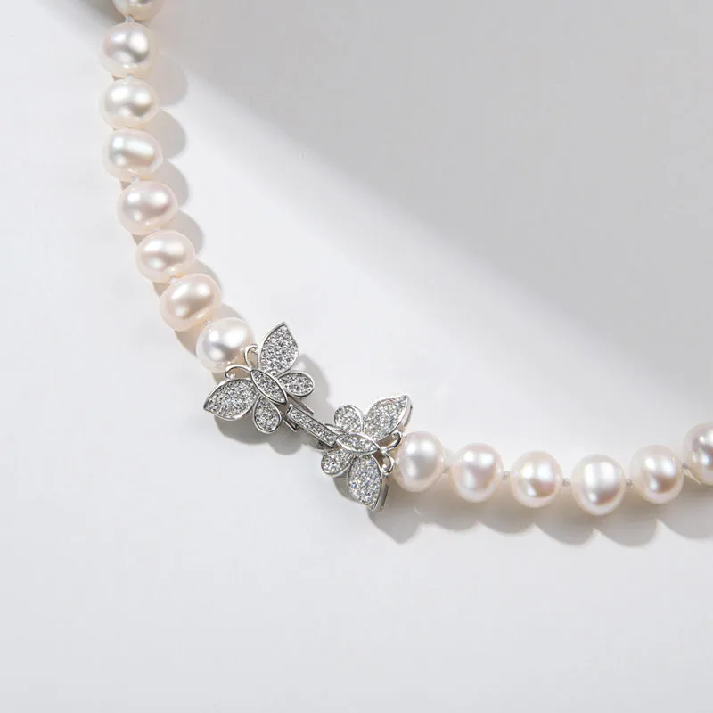 Freshwater Cultured White Pearl Necklace Butterfly Buckle