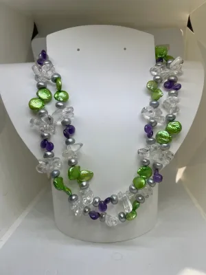 Freshwater Pearl Amethyst Quartz Double Strand Adjustable Sterling Silver Clasp Necklace (17-32 inches)