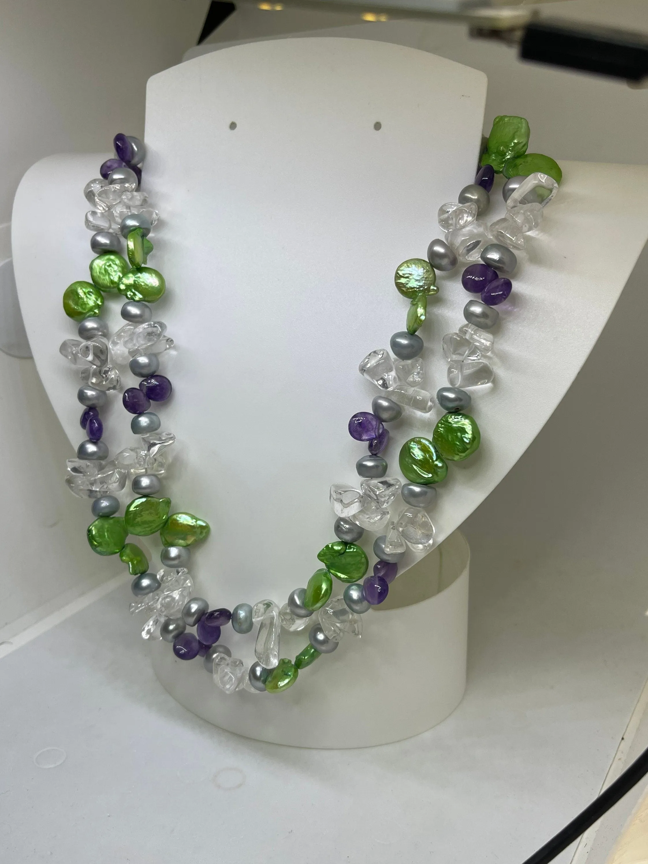 Freshwater Pearl Amethyst Quartz Double Strand Adjustable Sterling Silver Clasp Necklace (17-32 inches)