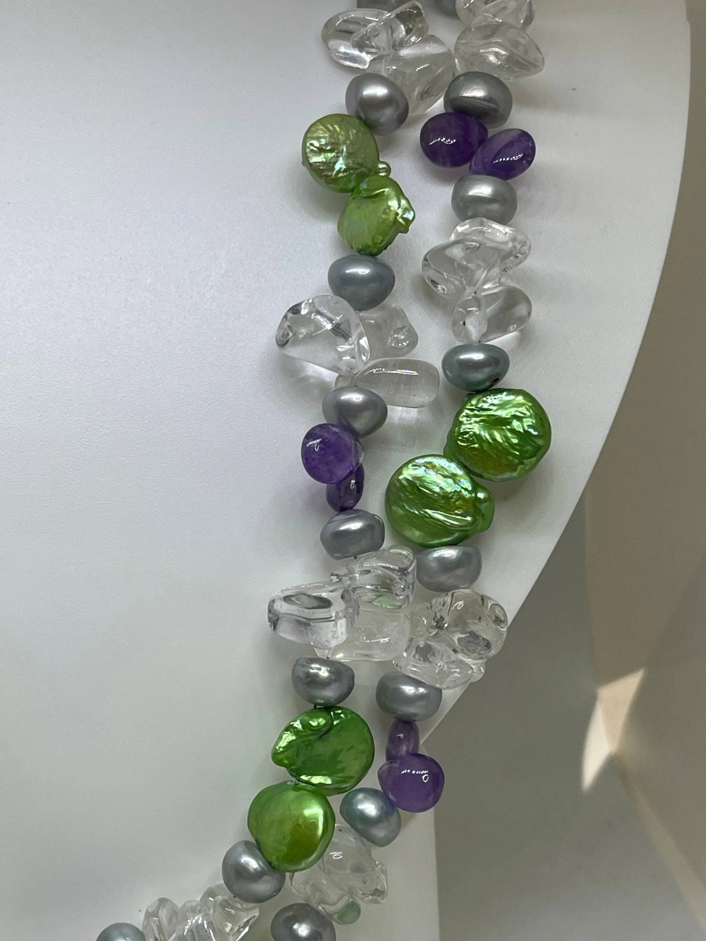 Freshwater Pearl Amethyst Quartz Double Strand Adjustable Sterling Silver Clasp Necklace (17-32 inches)
