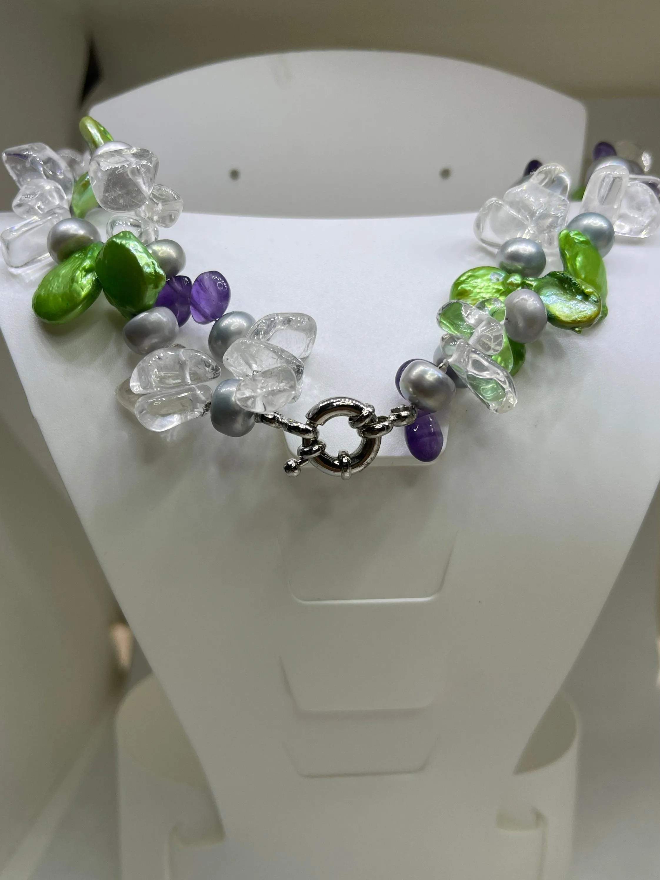 Freshwater Pearl Amethyst Quartz Double Strand Adjustable Sterling Silver Clasp Necklace (17-32 inches)