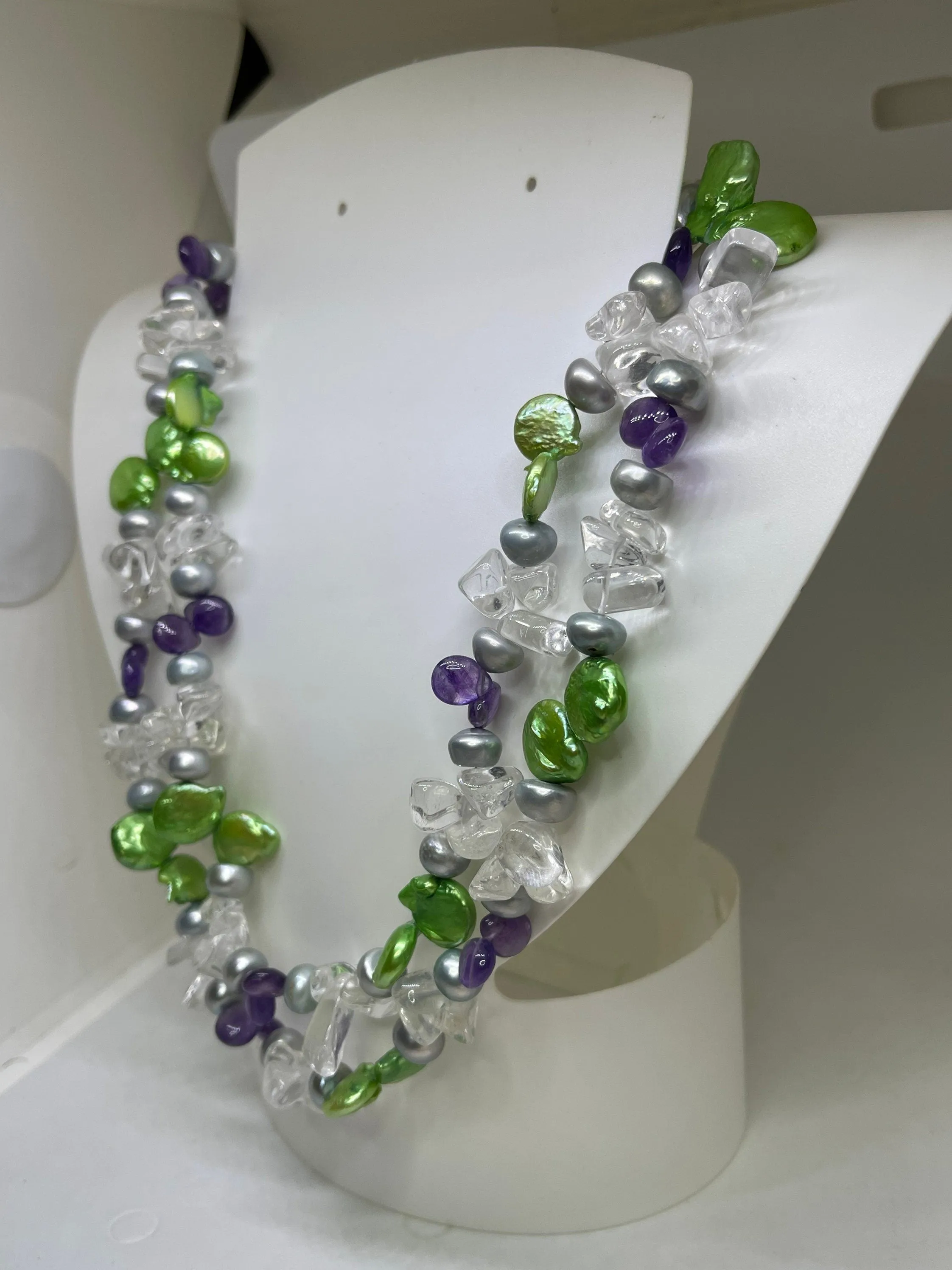 Freshwater Pearl Amethyst Quartz Double Strand Adjustable Sterling Silver Clasp Necklace (17-32 inches)