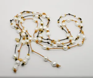 Freshwater Pearl Classic Lariat Necklace w/ Gold Beads