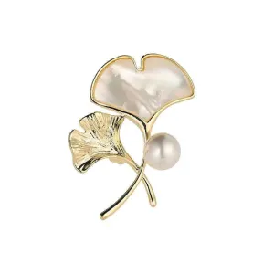 Freshwater Pearl Shell Ginkgo Leaf Brooch Pin