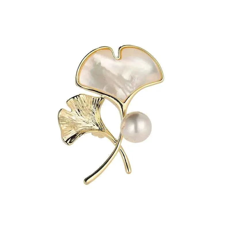 Freshwater Pearl Shell Ginkgo Leaf Brooch Pin