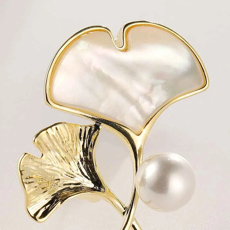 Freshwater Pearl Shell Ginkgo Leaf Brooch Pin