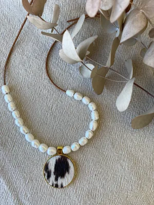 Genuine Cowhide Pendant & Freshwater Pearl Necklace