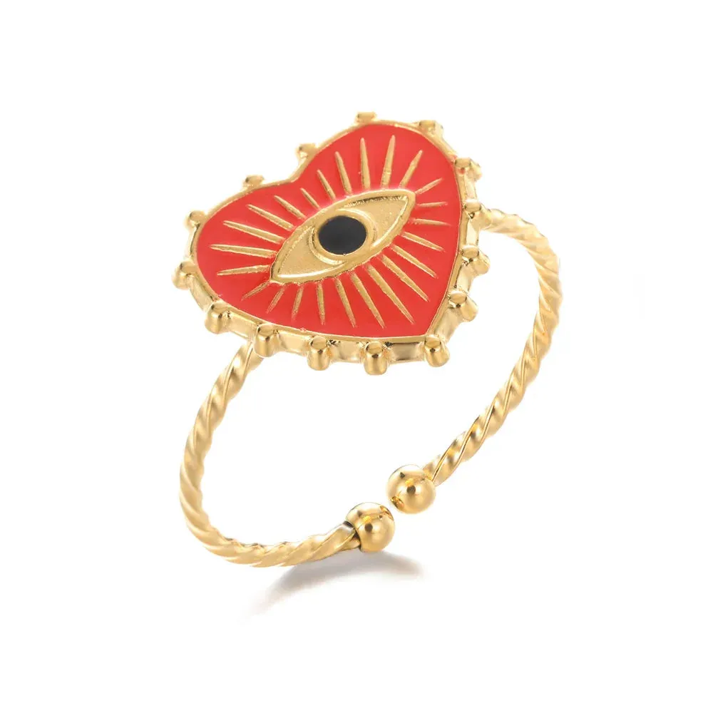 Geometric Engraving Evil Eye Heart Shape Open Rings For Women Fashion Rectangle Turkey Lucky Joints Rings Men Jewelry