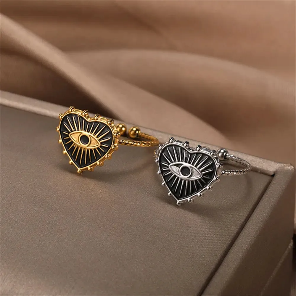 Geometric Engraving Evil Eye Heart Shape Open Rings For Women Fashion Rectangle Turkey Lucky Joints Rings Men Jewelry