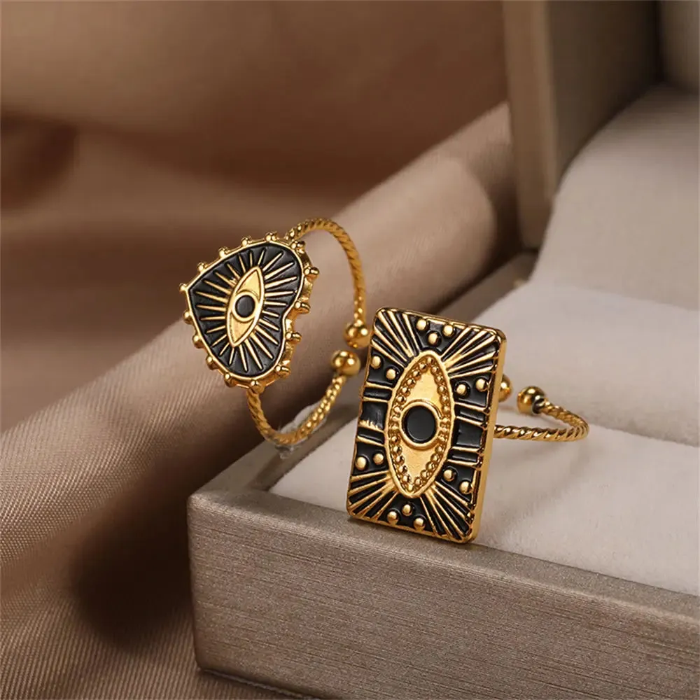 Geometric Engraving Evil Eye Heart Shape Open Rings For Women Fashion Rectangle Turkey Lucky Joints Rings Men Jewelry