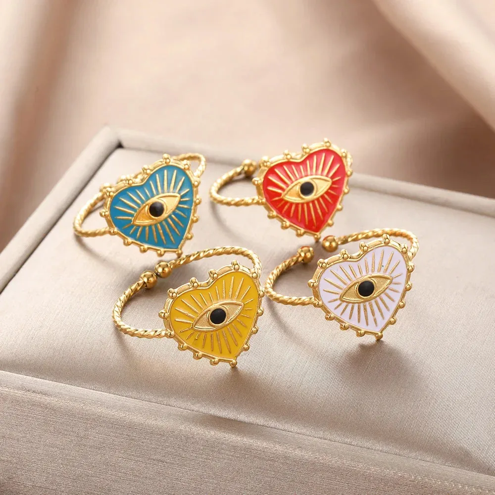 Geometric Engraving Evil Eye Heart Shape Open Rings For Women Fashion Rectangle Turkey Lucky Joints Rings Men Jewelry