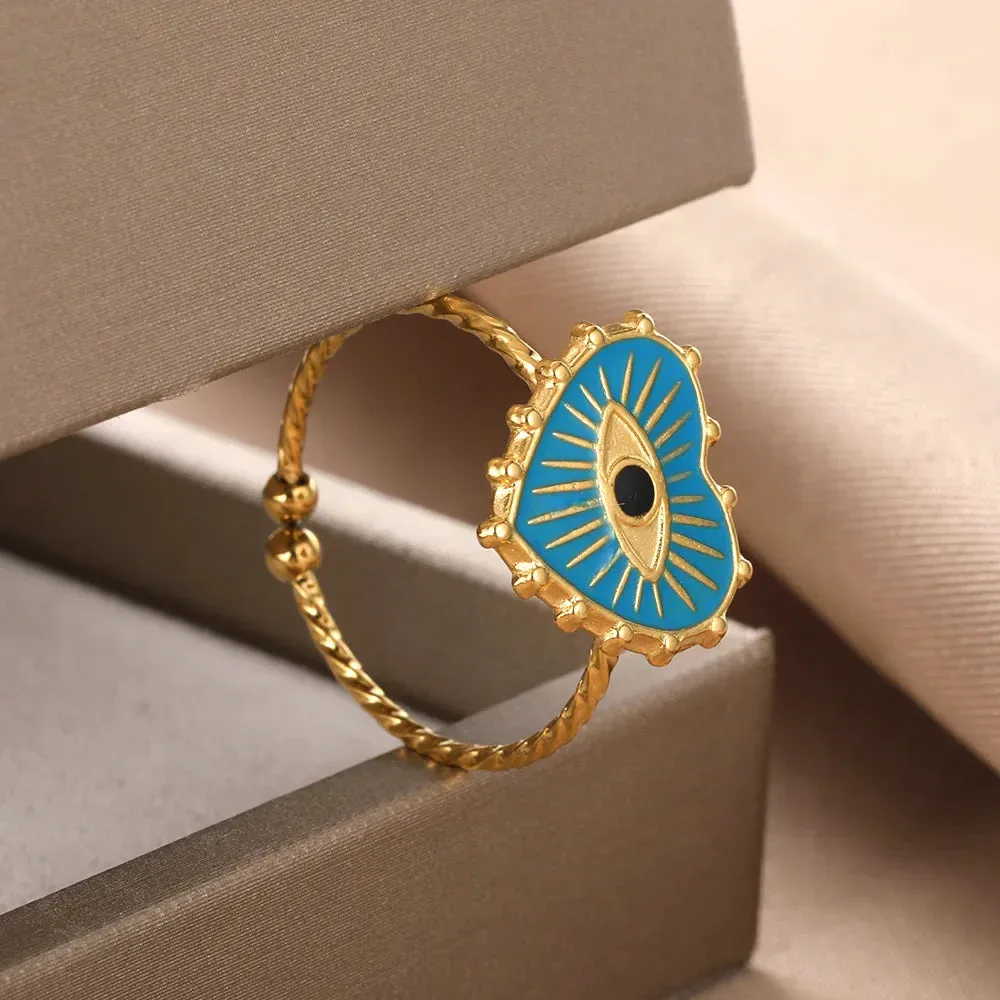 Geometric Engraving Evil Eye Heart Shape Open Rings For Women Fashion Rectangle Turkey Lucky Joints Rings Men Jewelry