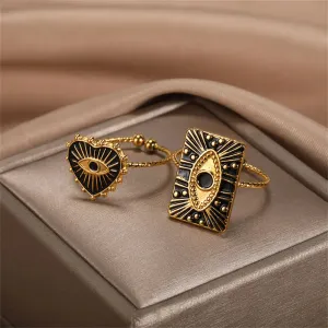 Geometric Engraving Evil Eye Heart Shape Open Rings For Women Fashion Rectangle Turkey Lucky Joints Rings Men Jewelry