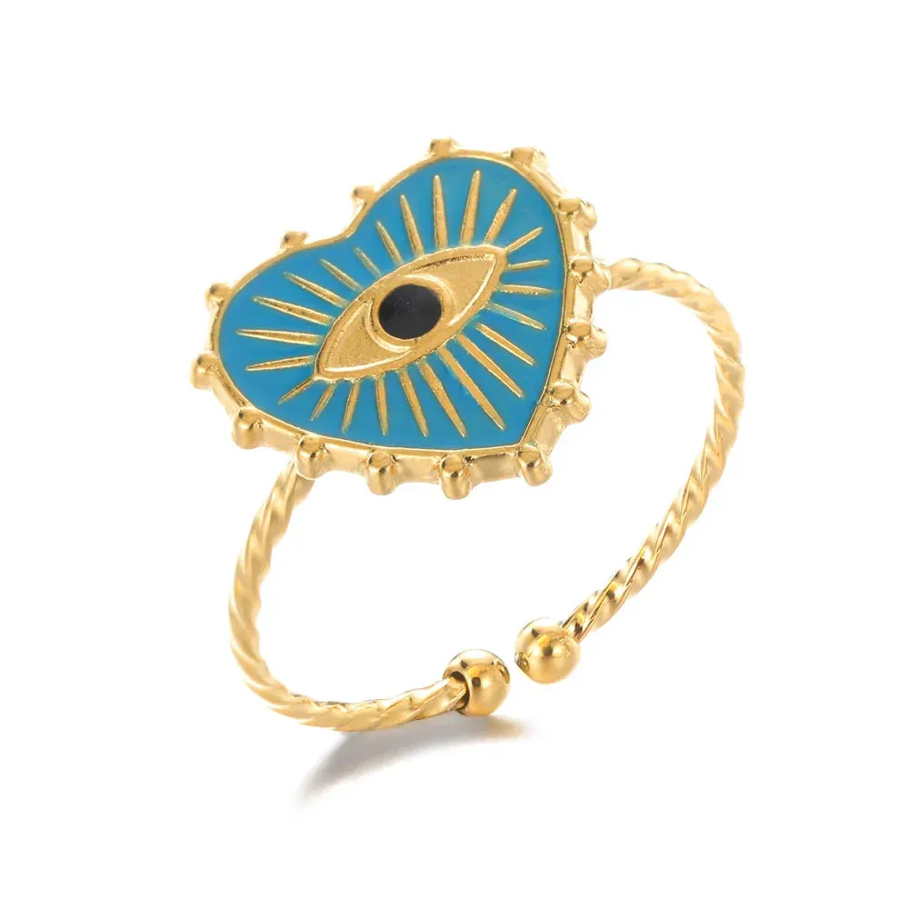 Geometric Engraving Evil Eye Heart Shape Open Rings For Women Fashion Rectangle Turkey Lucky Joints Rings Men Jewelry