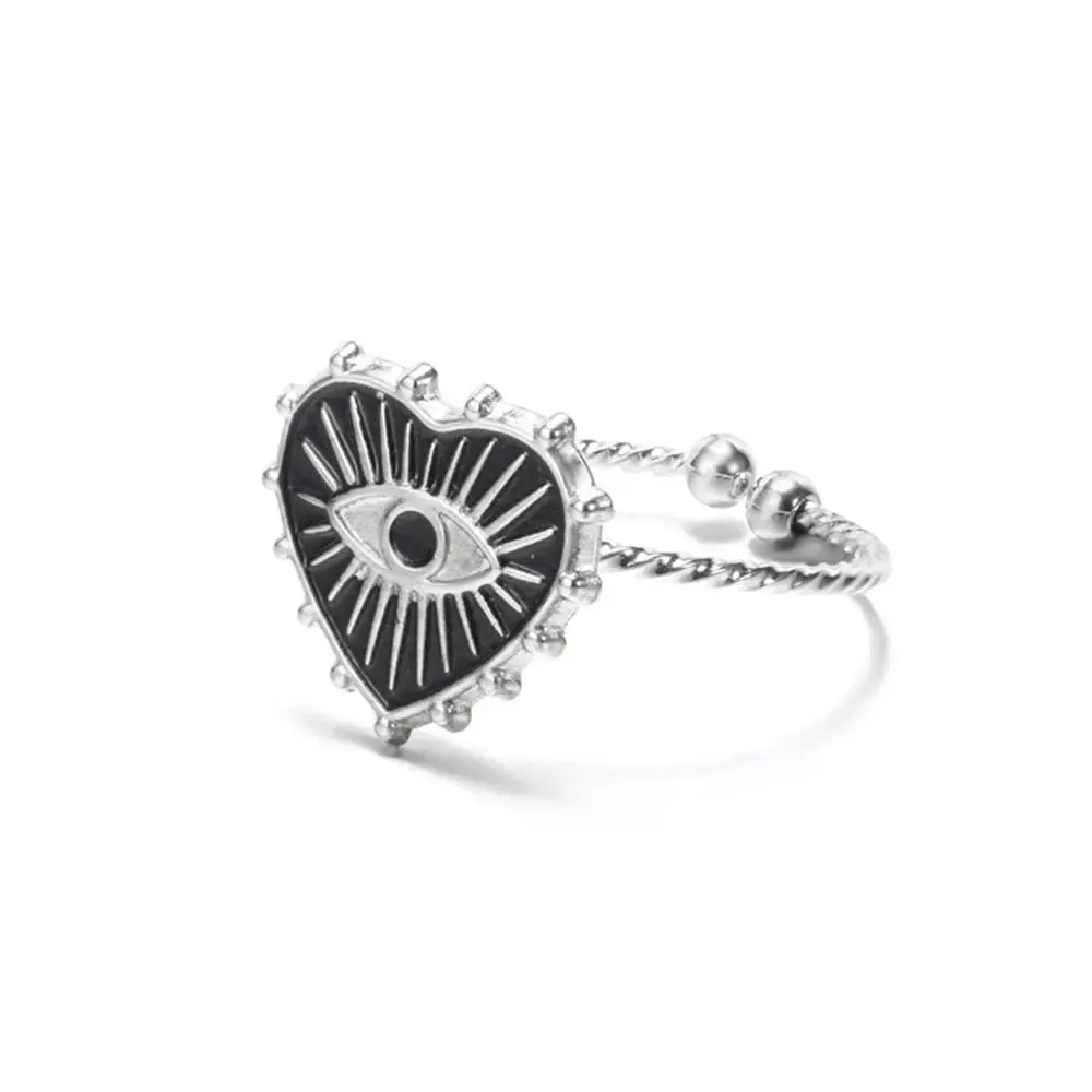 Geometric Engraving Evil Eye Heart Shape Open Rings For Women Fashion Rectangle Turkey Lucky Joints Rings Men Jewelry