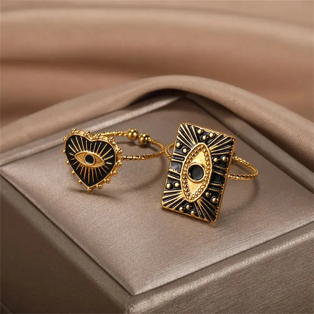 Geometric Engraving Evil Eye Heart Shape Open Rings For Women Fashion Rectangle Turkey Lucky Joints Rings Men Jewelry