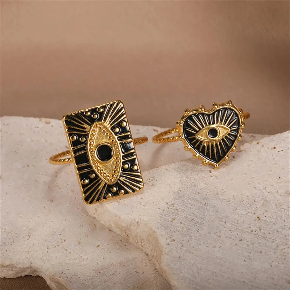 Geometric Engraving Evil Eye Heart Shape Open Rings For Women Fashion Rectangle Turkey Lucky Joints Rings Men Jewelry