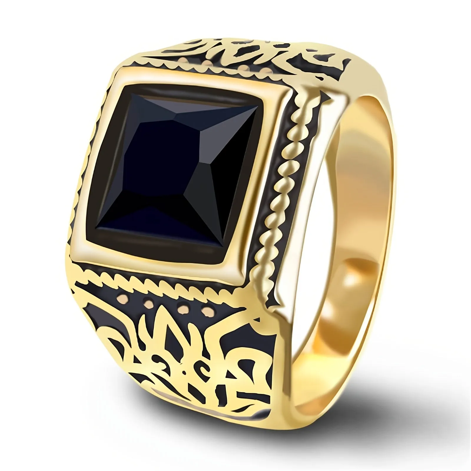 Geometric Textured Zircon Men Ring Punk Stainless Steel