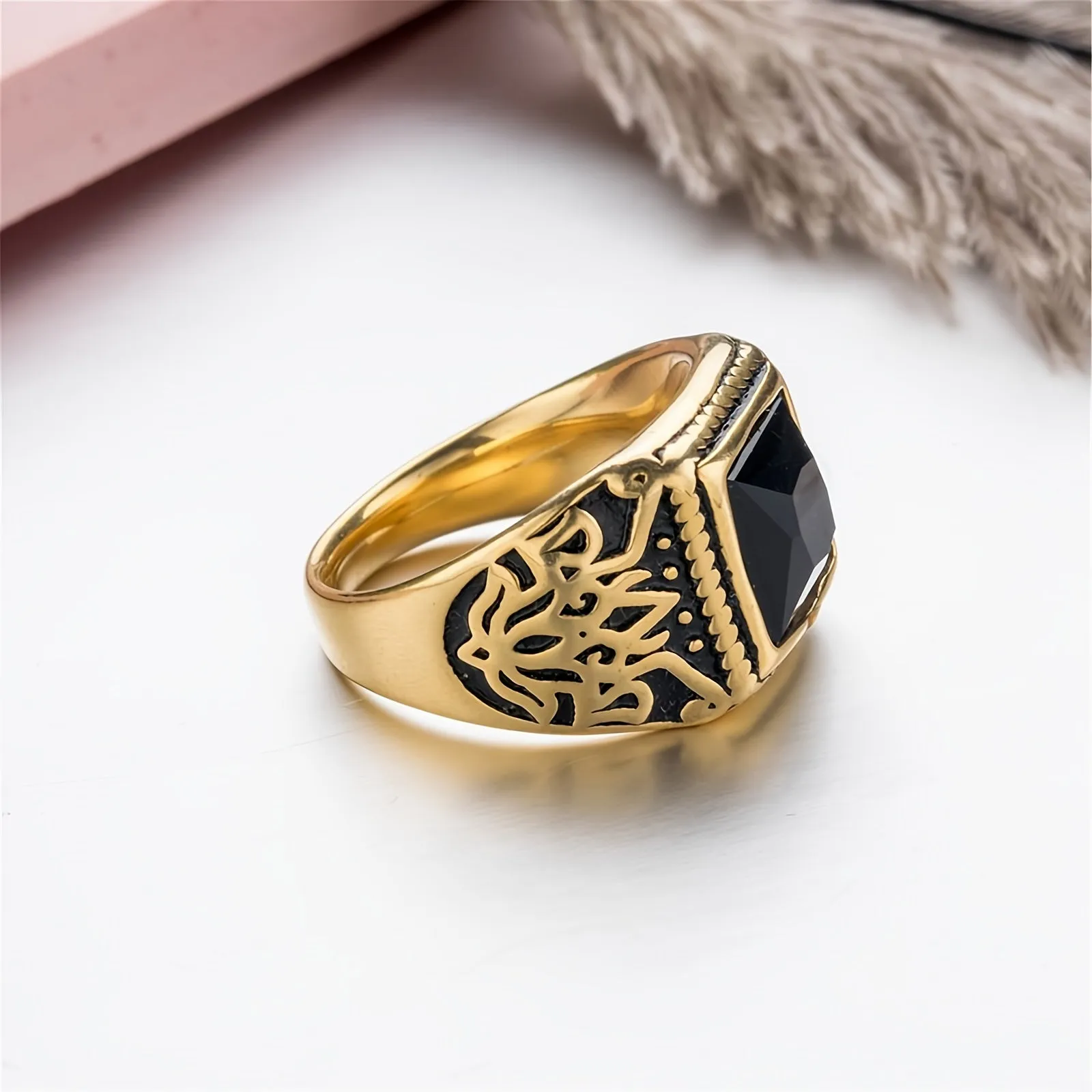 Geometric Textured Zircon Men Ring Punk Stainless Steel