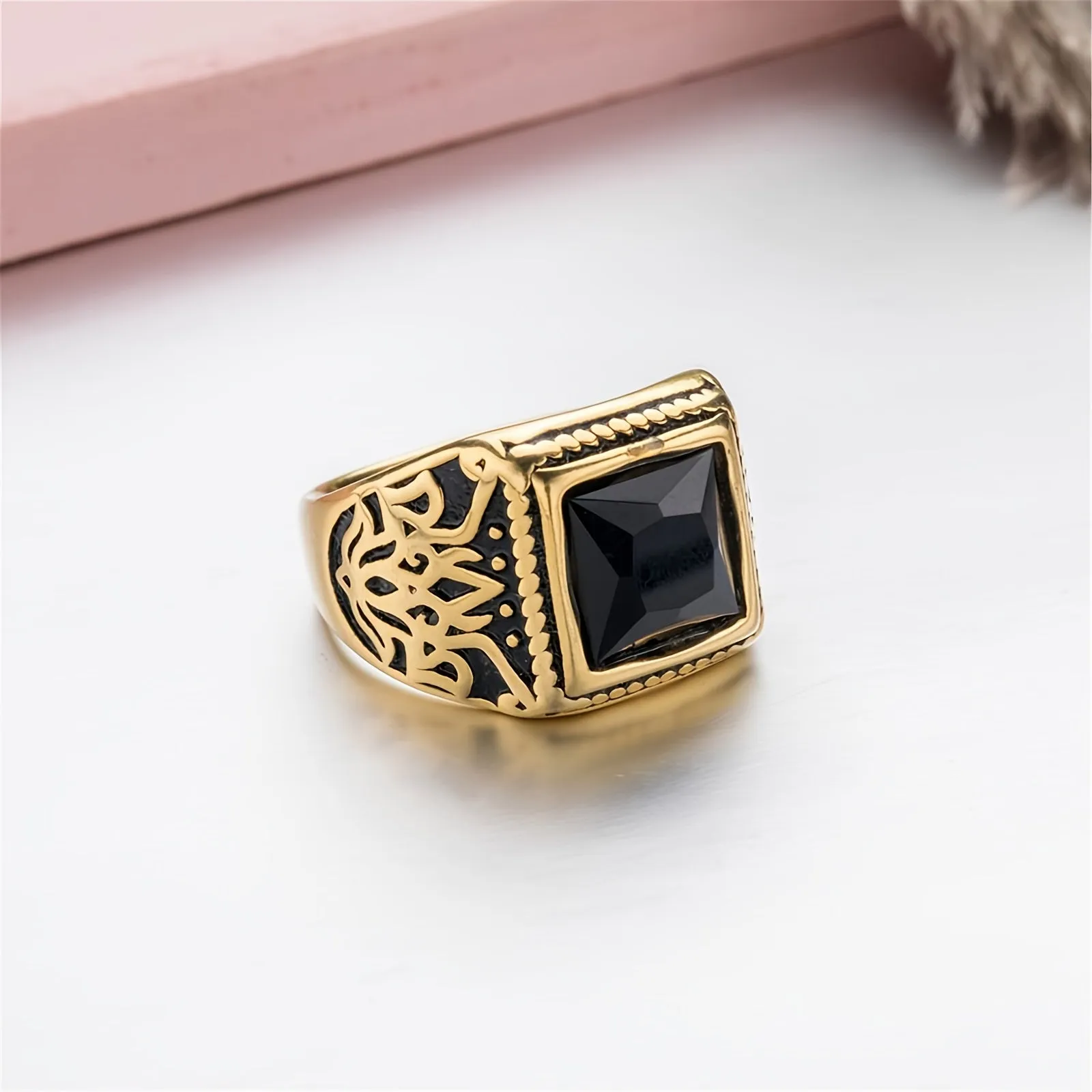 Geometric Textured Zircon Men Ring Punk Stainless Steel