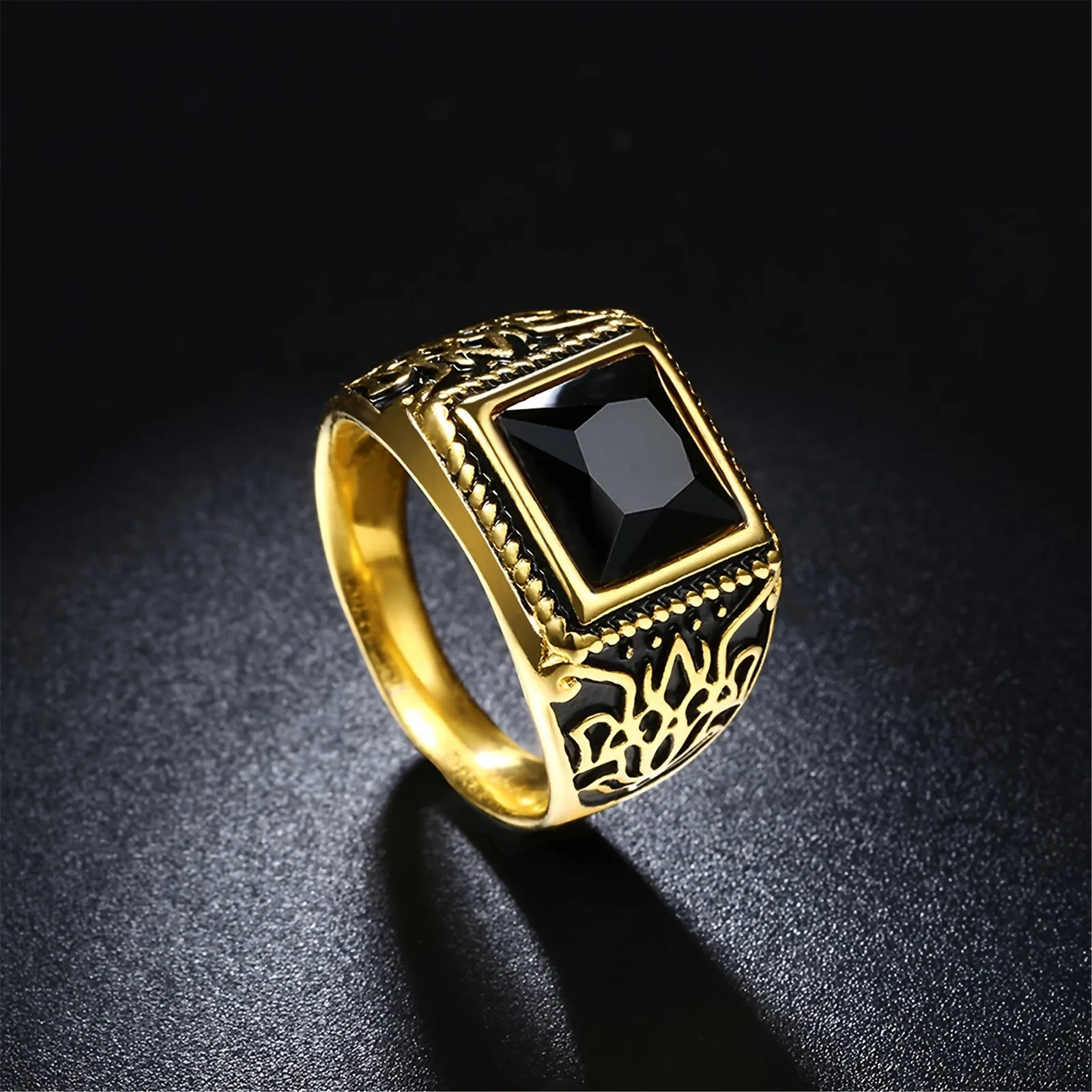 Geometric Textured Zircon Men Ring Punk Stainless Steel