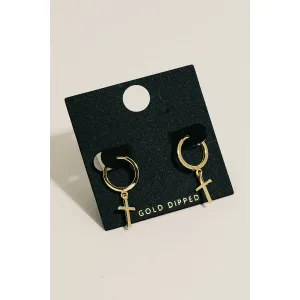 Gold Dipped Cross Charm Hoop Earrings: GOLD