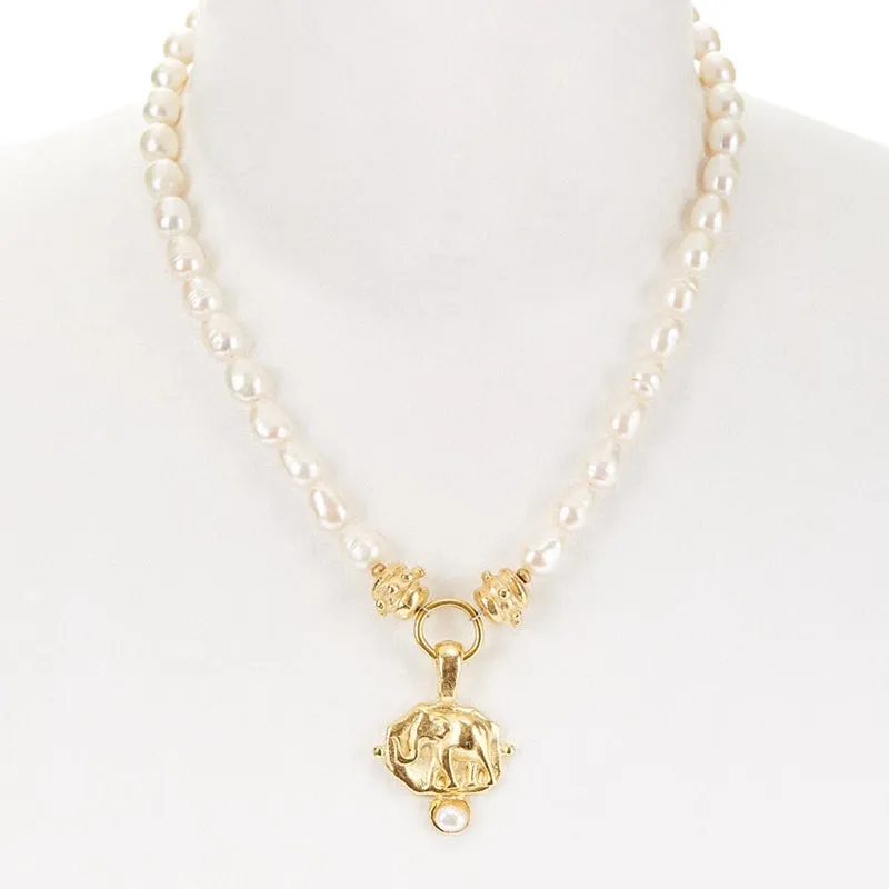 Gold Elephant Pearl Necklace (3221eg)